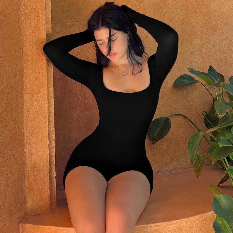 Square Neck Long Sleeve Tie Back Yoga Romper