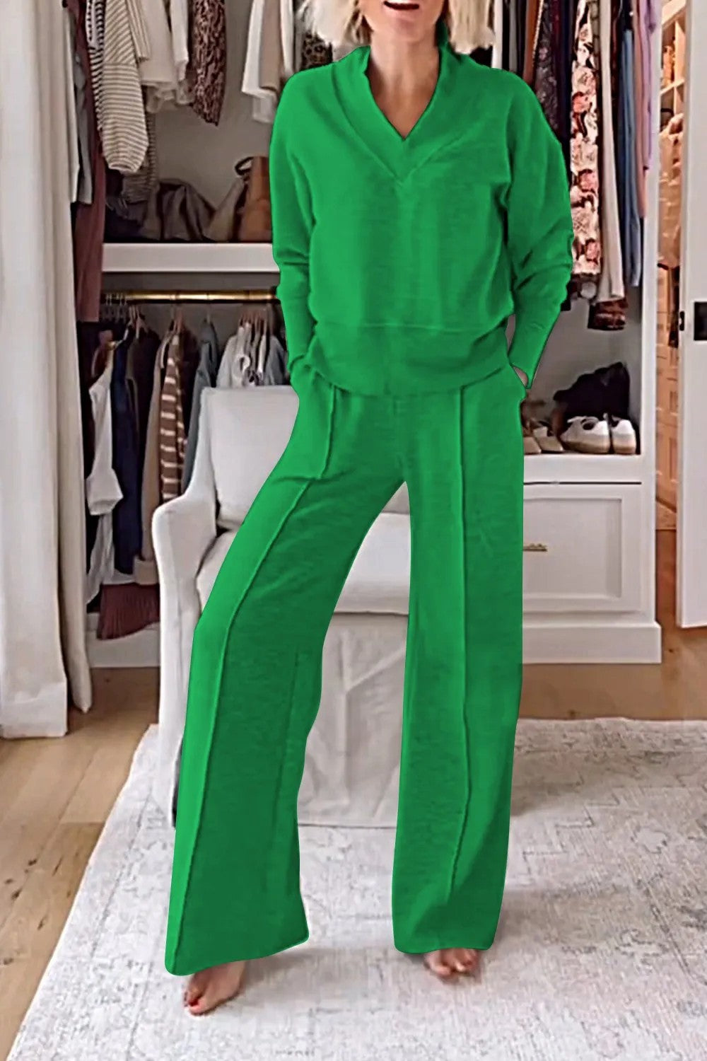Women Lounge Set V Neck Wide Leg Pants Two Piece