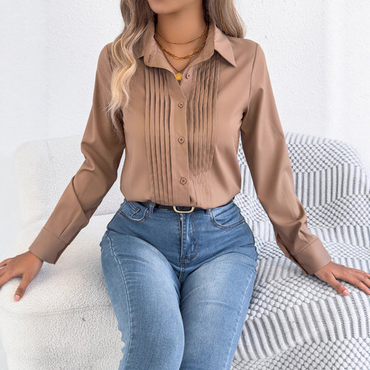 Elegant Pleated Long Sleeve Button Shirt for Women