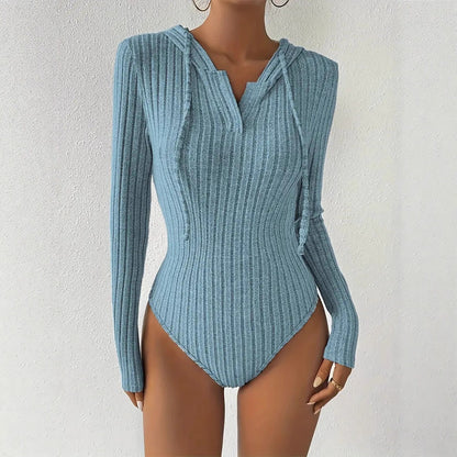 Ribbed Hooded Bodysuit Women Long Sleeve Bodycon