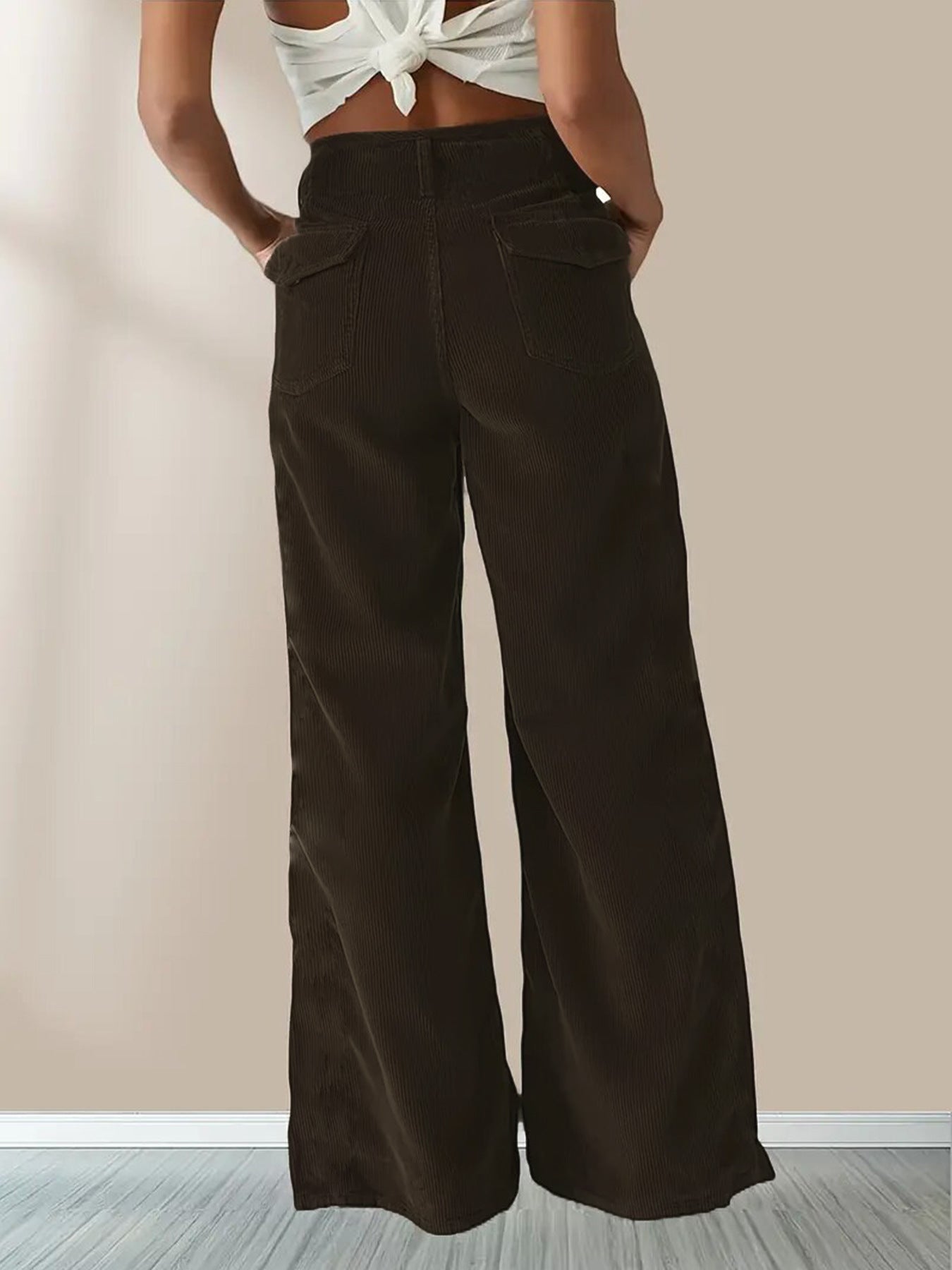 High Waist Corduroy Wide Leg Pants with Pockets