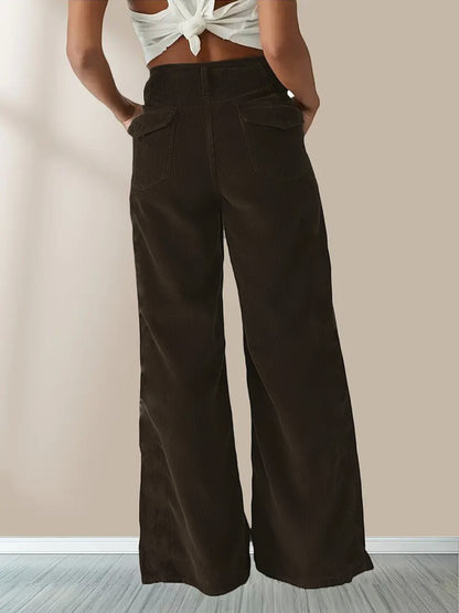 High Waist Corduroy Wide Leg Pants with Pockets