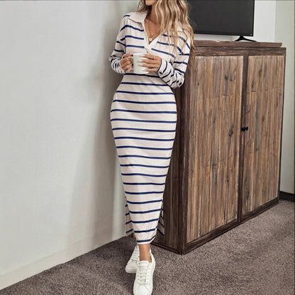 Women Striped Polo Collar Long Sleeve Maxi Dress Side Slit