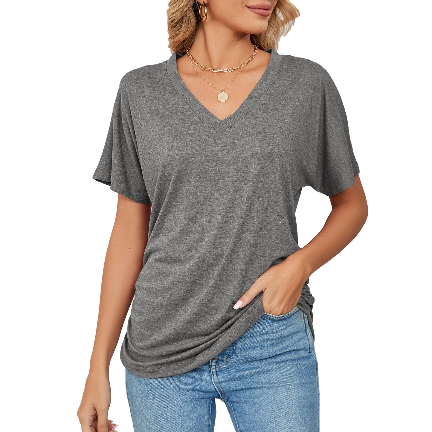 Casual V Neck Loose Fit Short Sleeve T Shirt