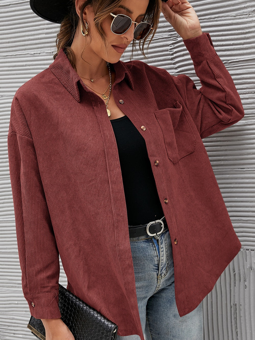 Oversized Corduroy Button-Down Shirt with Chest Pocket