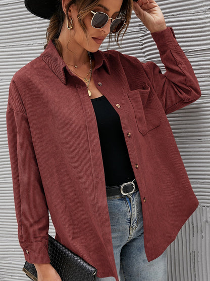 Oversized Corduroy Button-Down Shirt with Chest Pocket