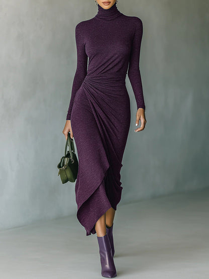 Turtleneck Long Sleeve Ruched Asymmetrical Midi Dress