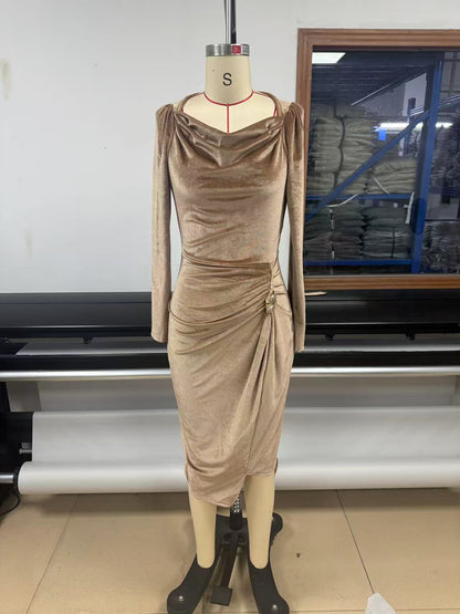 Sexy Velvet Ruched Long Sleeve Bodycon Midi Slit Dress