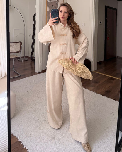 Women Cotton Linen Shirt Wide Leg Pants Set Mandarin Collar