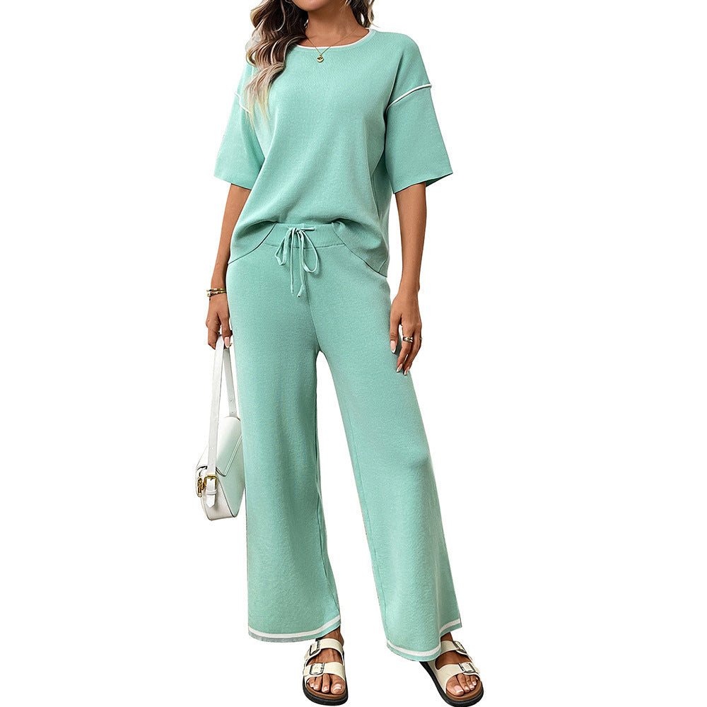 Mint Knit Lounge Set Short Sleeve Top Wide Leg Pants