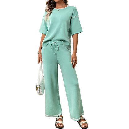Mint Knit Lounge Set Short Sleeve Top Wide Leg Pants