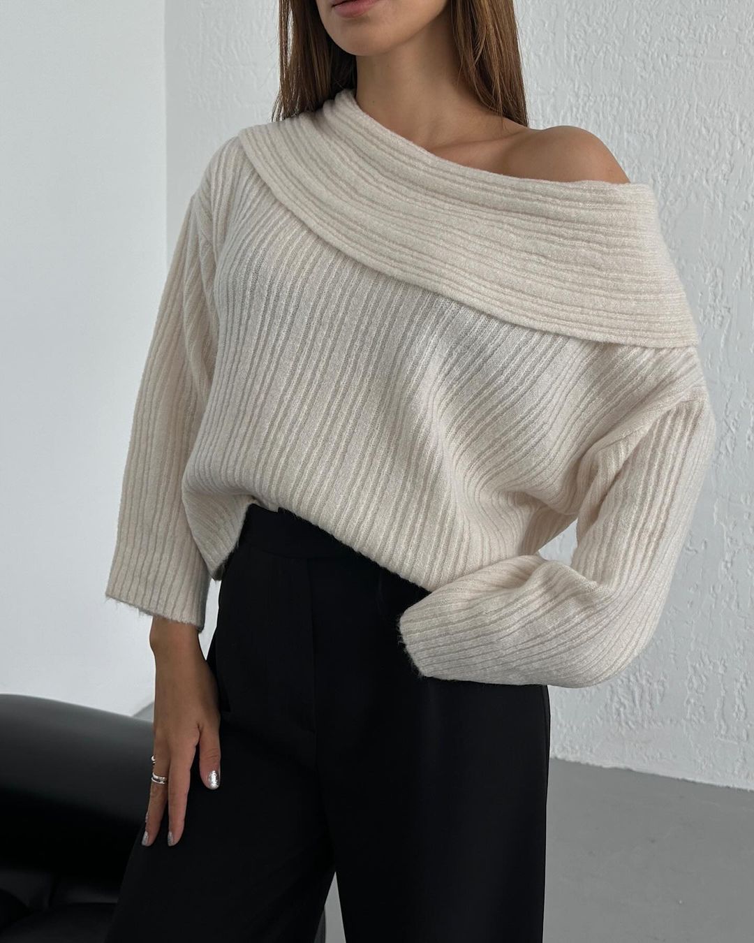 Womens Off Shoulder Bell Sleeve Sweater Oversized Knit Top