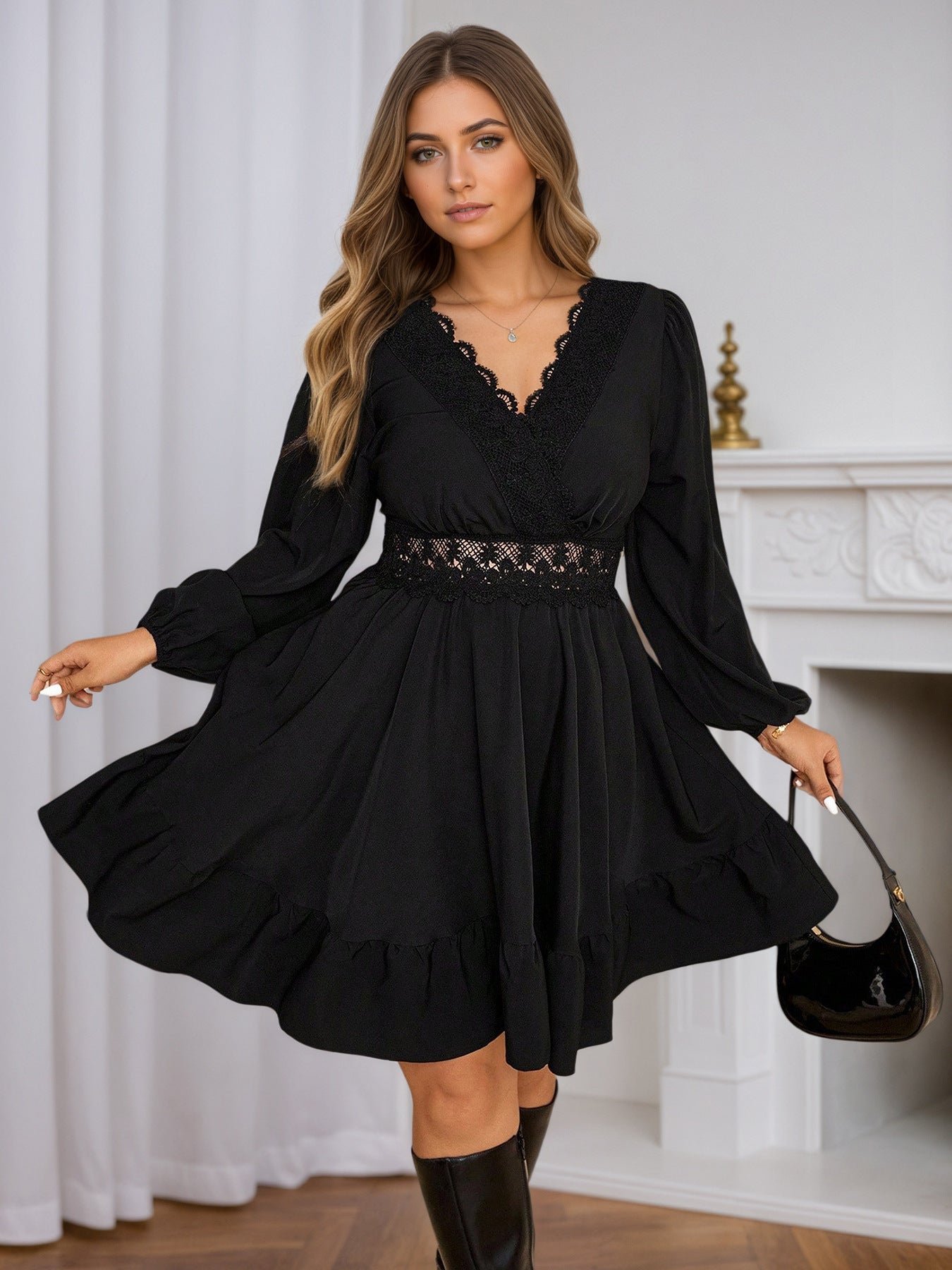Plus Size Lace Trim V Neck A Line Mini Dress