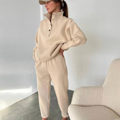 Women's Oversized Fleece Button Mock Neck Sweatsuit Set