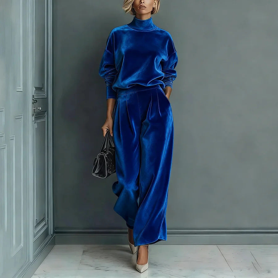 Women's Velvet Matching Set Mock Neck Wide Leg Pants