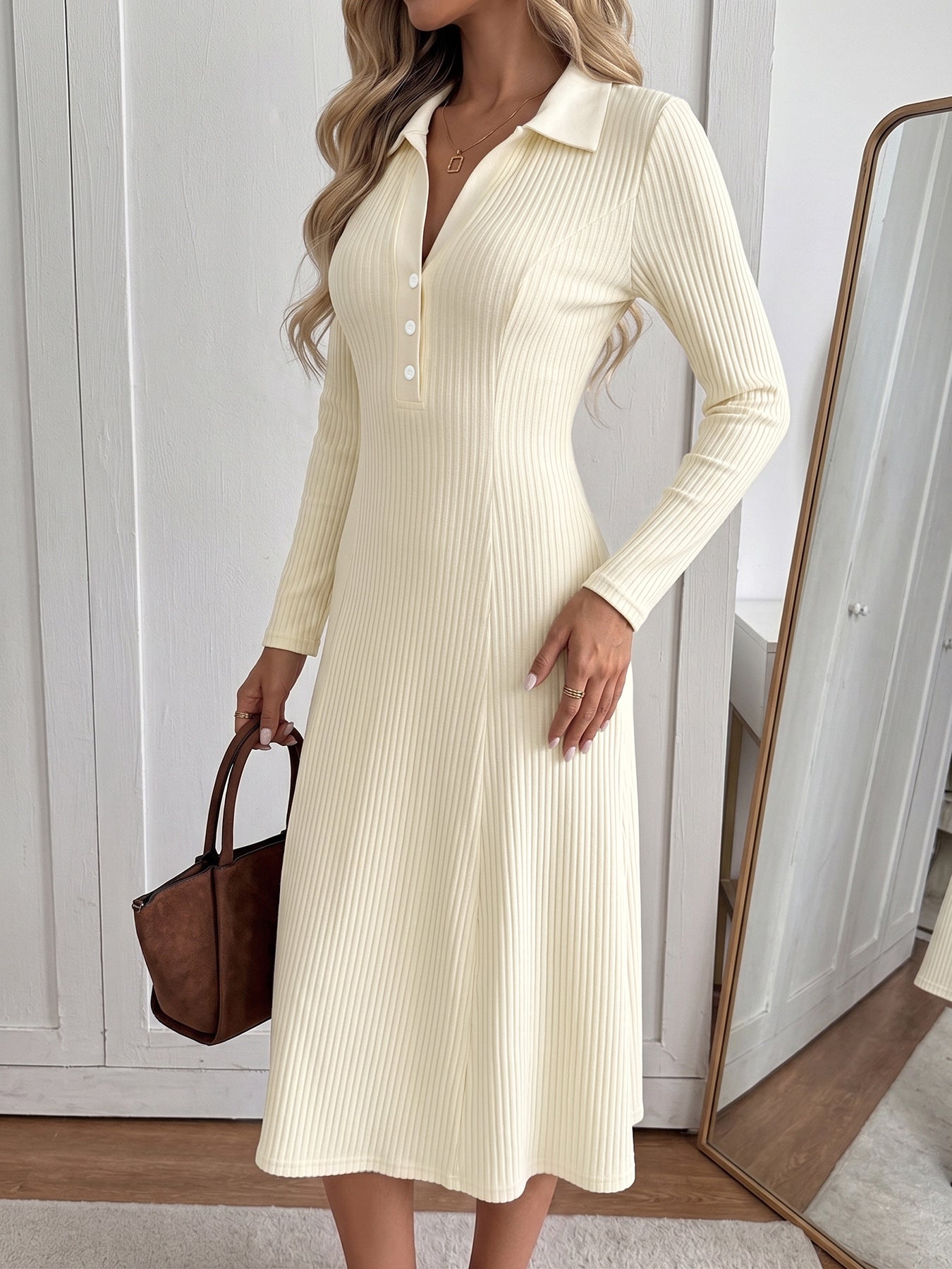 Ribbed Knit Polo Midi Dress Long Sleeve A-Line