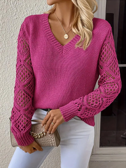 Women's V-Neck Crochet Sleeve Sweater Top