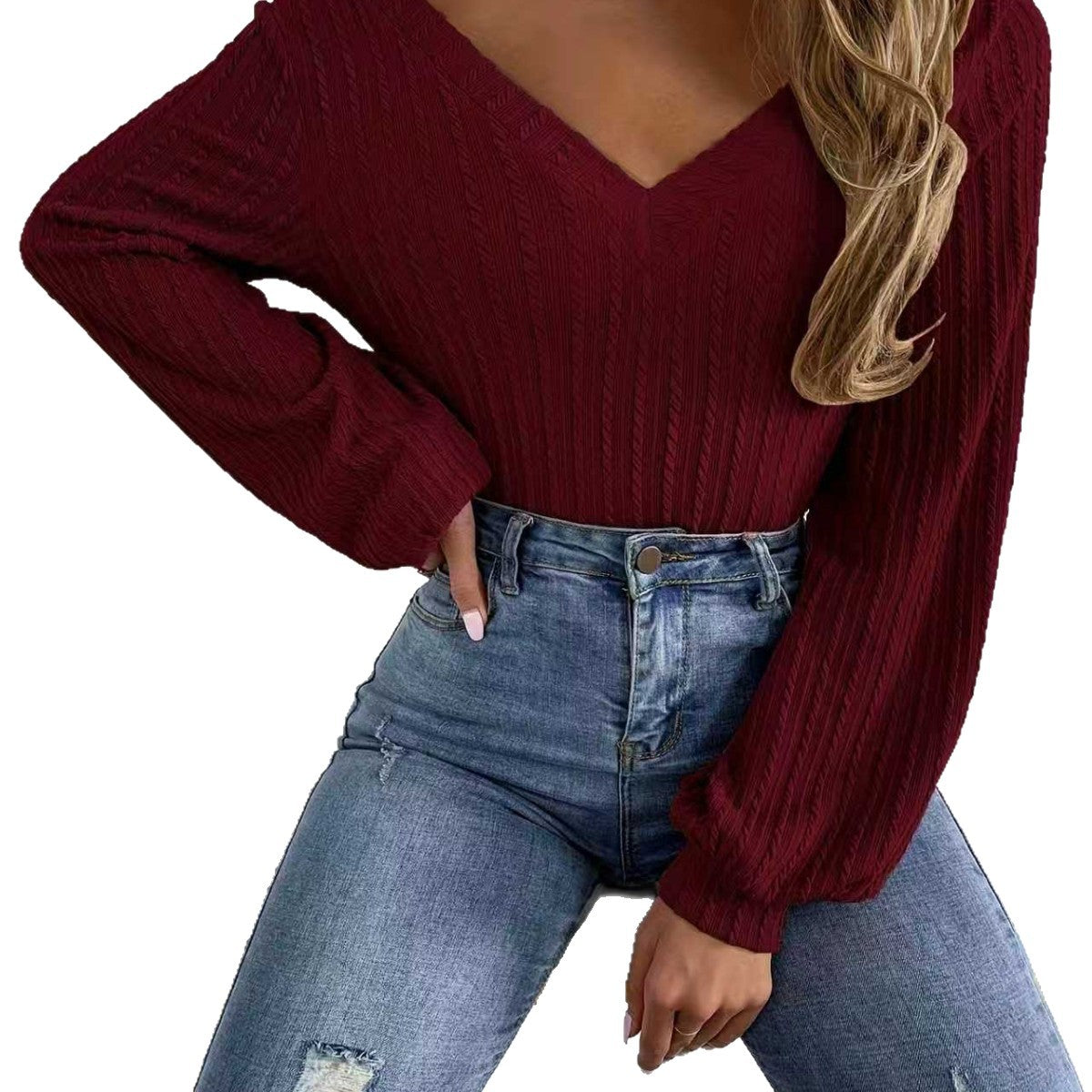 Women's Ribbed V Neck Puff Sleeve Long Sleeve Top