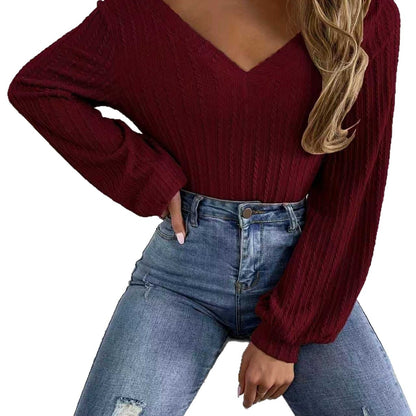 Women's Ribbed V Neck Puff Sleeve Long Sleeve Top