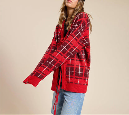 Women's Red Plaid Tie Front Knit Cardigan Sweater