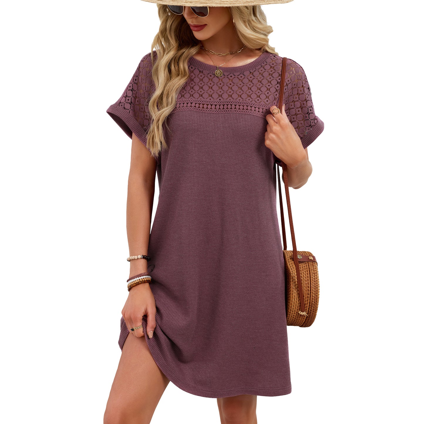 Blue Gray Yoke Loose T Shirt Dress Crew Neck