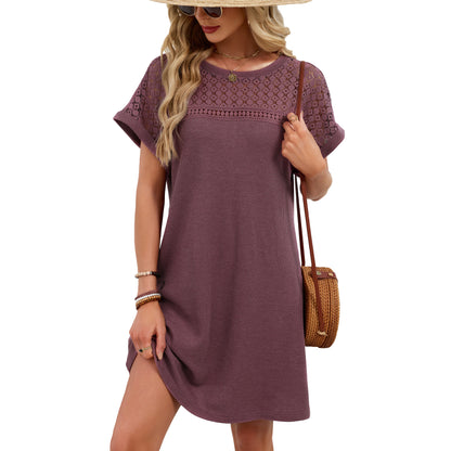 Blue Gray Yoke Loose T Shirt Dress Crew Neck