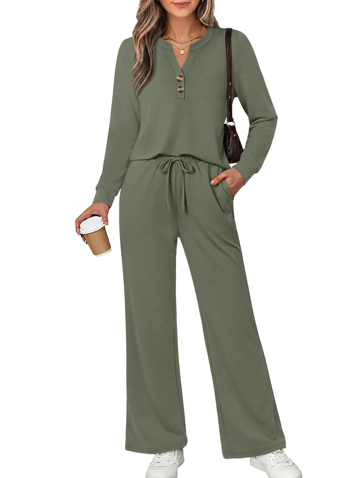 Women's 2 Piece Lounge Set Henley Top Wide Leg Pants