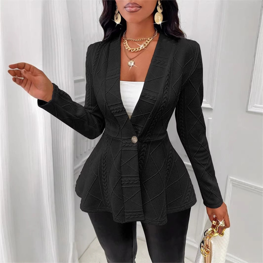 Women's Textured Peplum Blazer One Button Long Sleeve