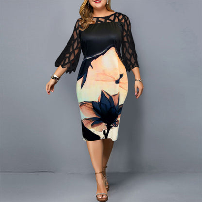 Plus Size Lace Sleeve Floral Bodycon Midi Dress