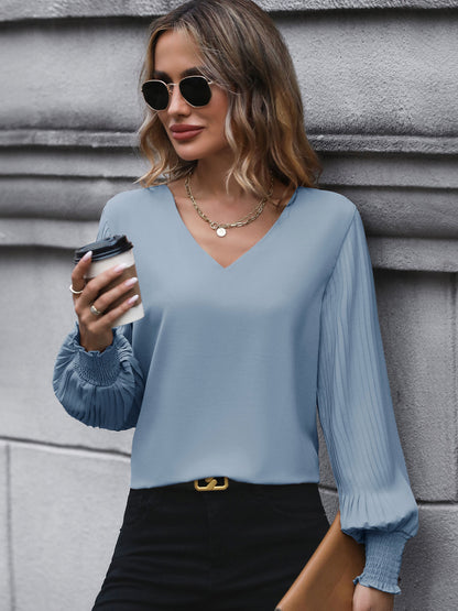 Solid V Neck Blouse Pleated Lantern Sleeve Work Top