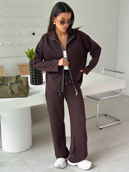 Women's Zip Up Drawstring Jacket Wide Leg Pants Set