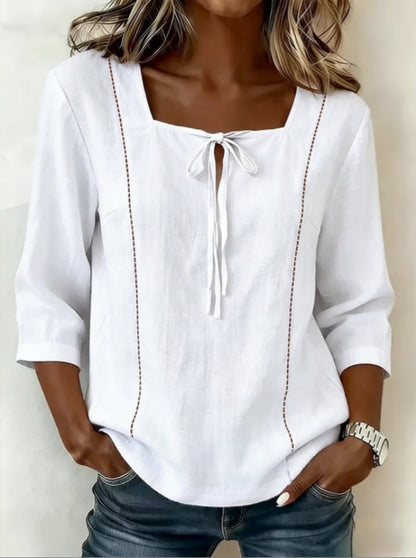 Women's Square Neck Tie Front 3/4 Sleeve Blouse Top
