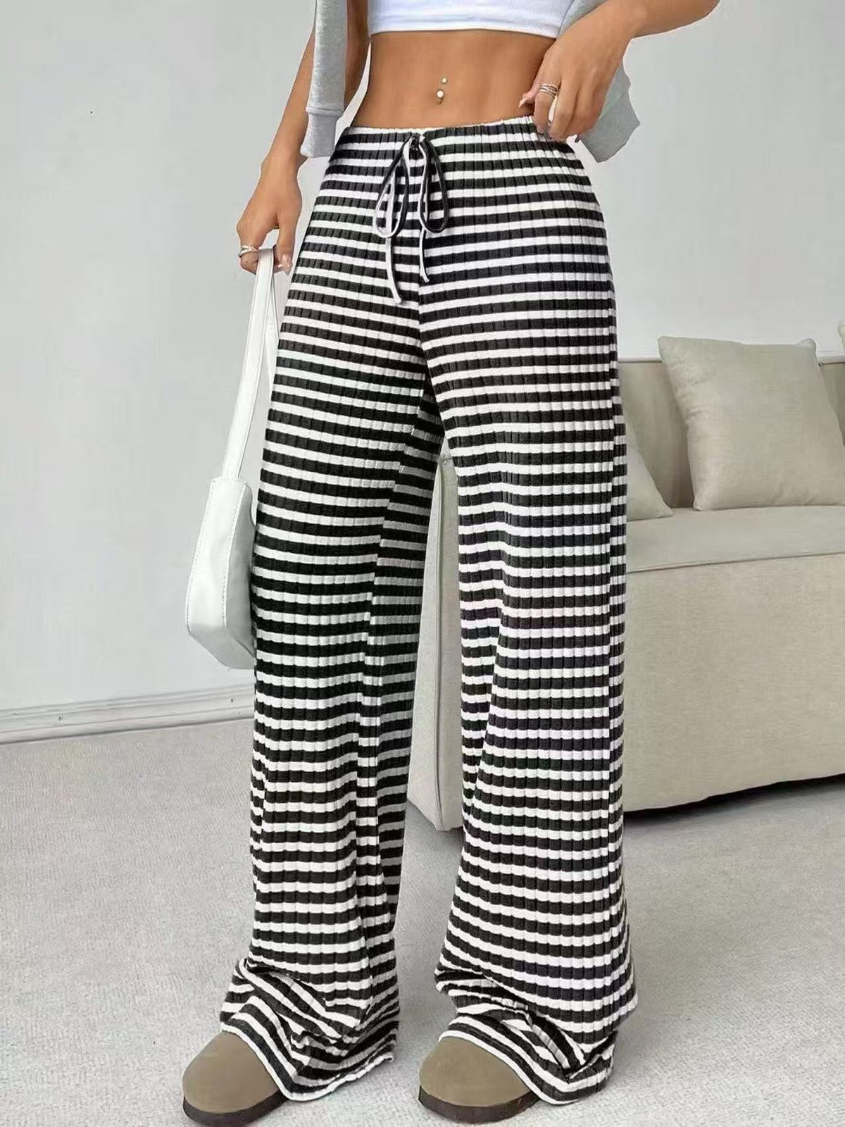 Women's Striped Wide Leg Drawstring Lounge Pants