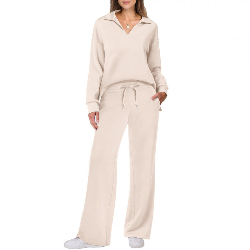 Women's 2 Piece Lounge Set Collared Top Wide Leg Pants