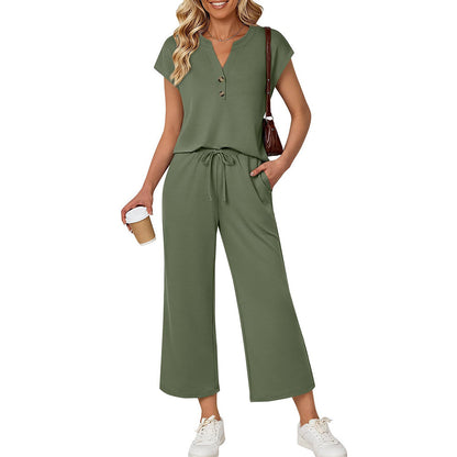 Button Front Short Sleeve Top and Wide Leg Pants Set