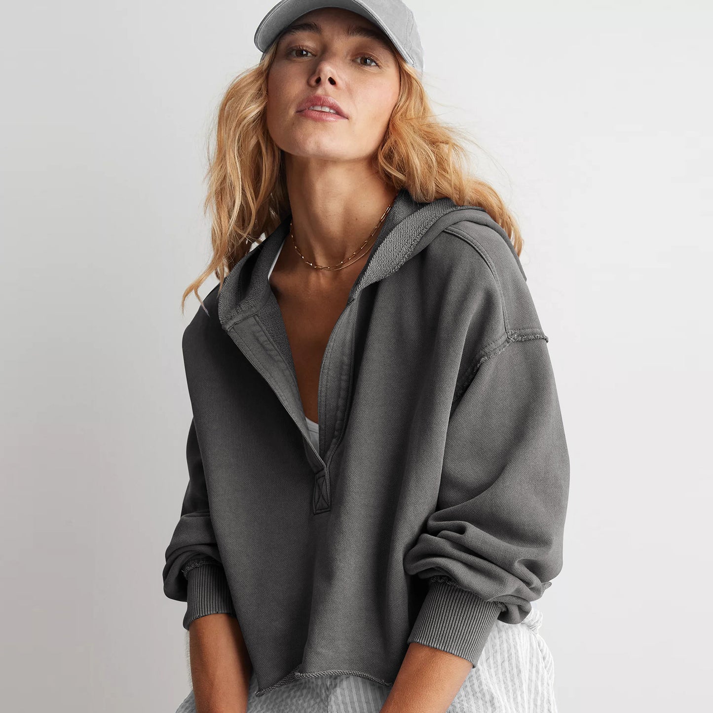 Women's Oversized Cropped Hoodie V-Neck Pullover