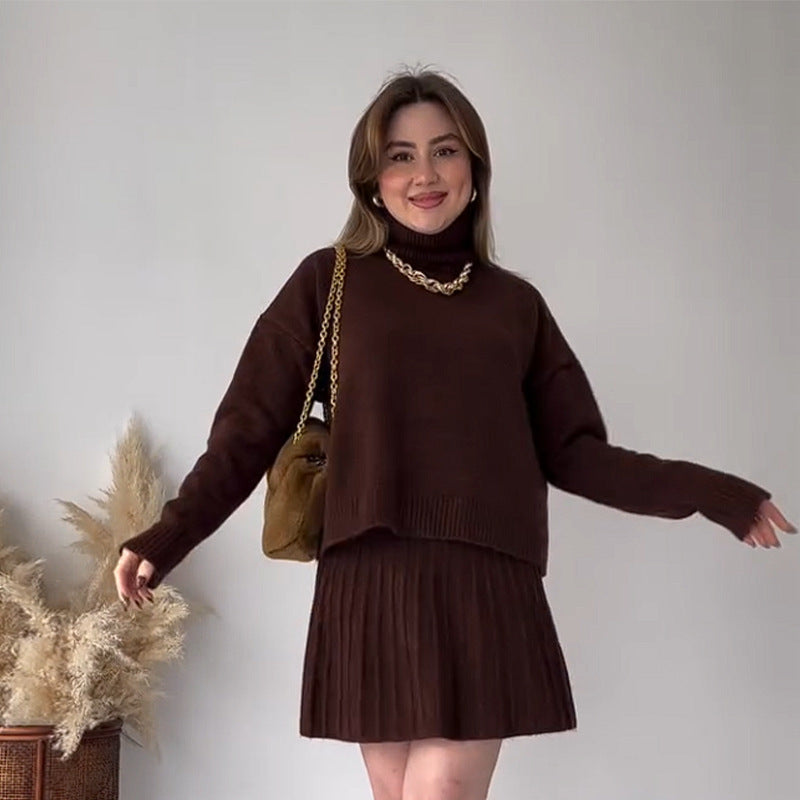 Oversized Turtleneck Sweater Skirt Two Piece Set