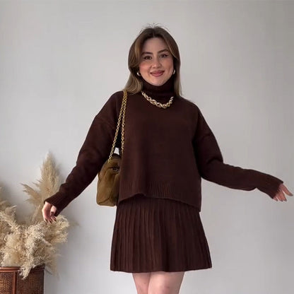 Oversized Turtleneck Sweater Skirt Two Piece Set