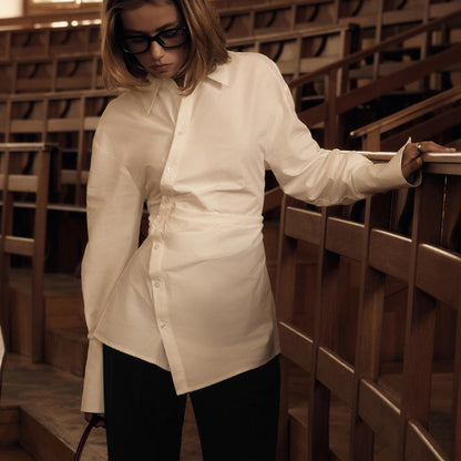 White Cotton Cinched Waist Asymmetric Button Down Shirt