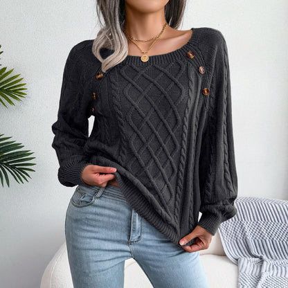 2025 Fall Winter Casual Square Neck Button Detail Cable Knit Sweater