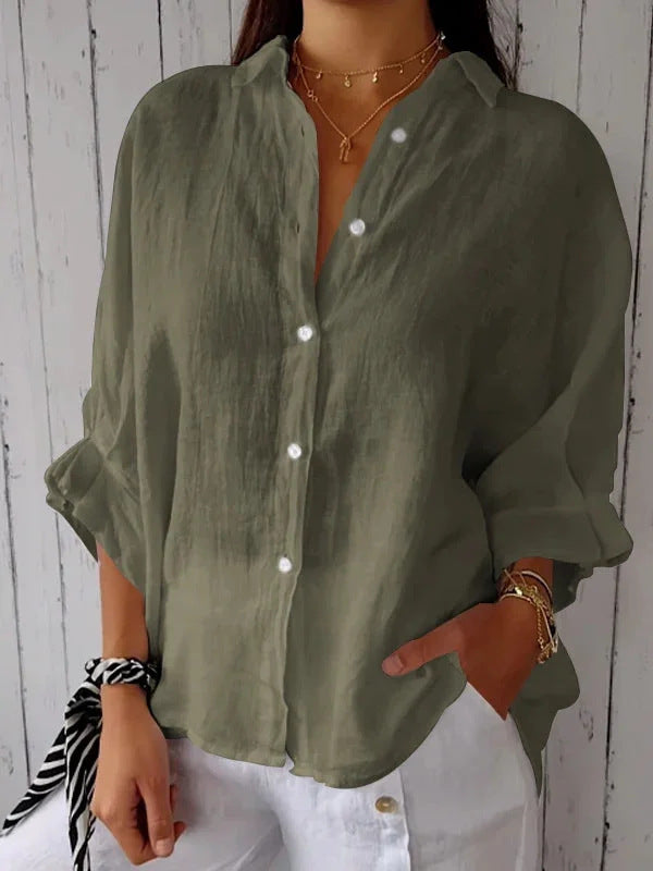 Cotton Linen Tie Back Button Down Shirt Long Sleeve