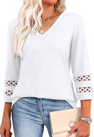 White V-Neck Lace Sleeve Casual Knit Top for Women
