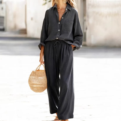 Women's Linen Look Shirt Pants Two Piece Set Casual Lounge