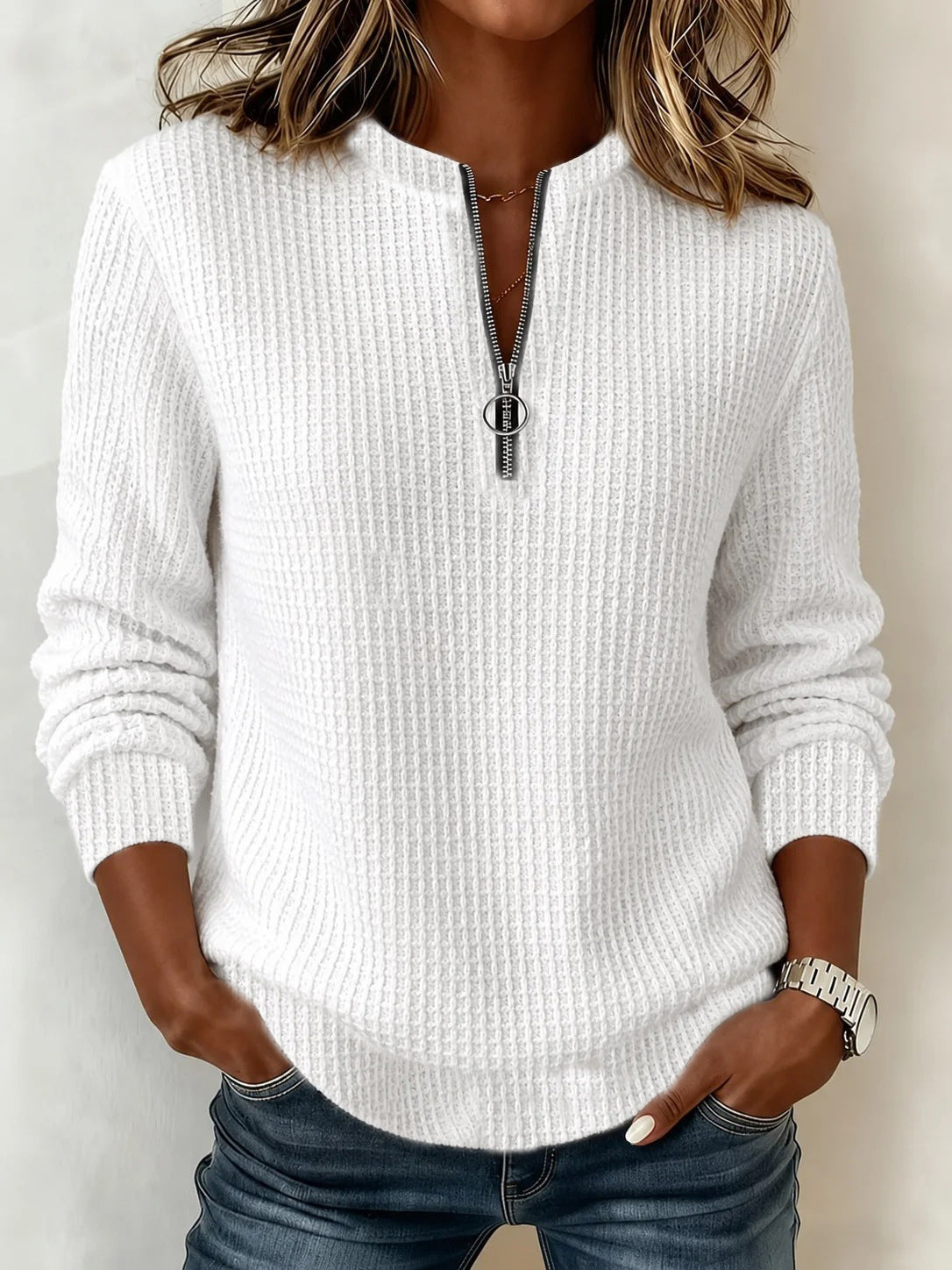 Women's Waffle Knit Half Zip Pullover Sweatshirt Top