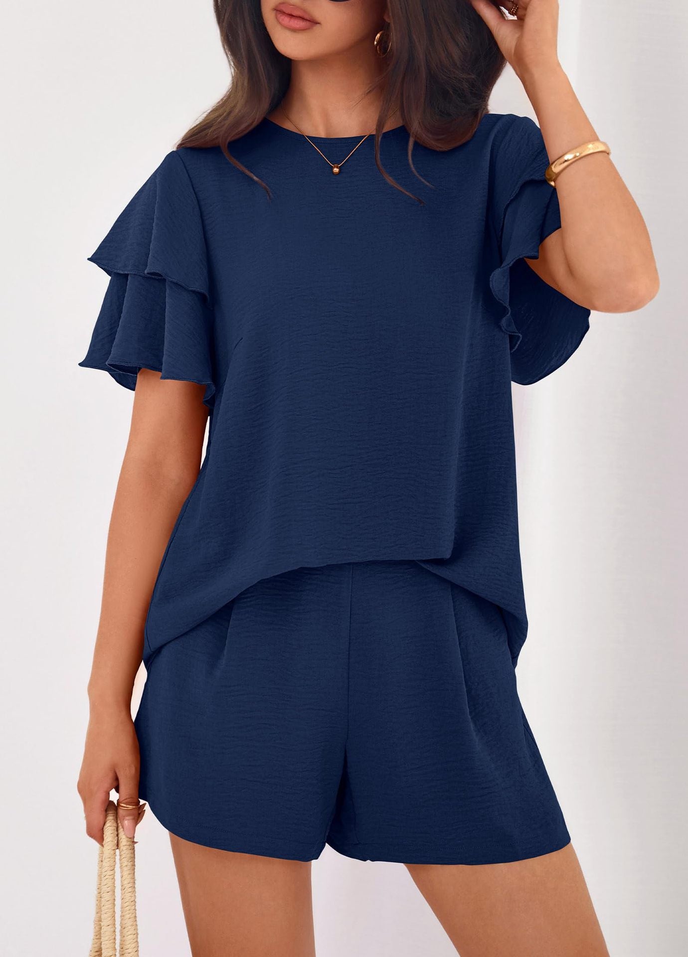 Solid Lounge Set Ruffle Sleeve Top Shorts 2 Piece Set