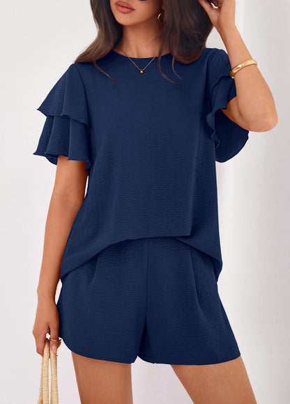 Solid Lounge Set Ruffle Sleeve Top Shorts 2 Piece Set