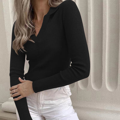 Women's Ribbed Collared V-Neck Long Sleeve Fitted Top