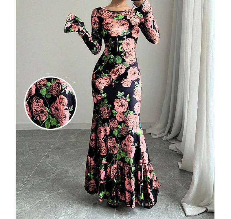 Women's Rose Print Bell Sleeve Bodycon Maxi Dress