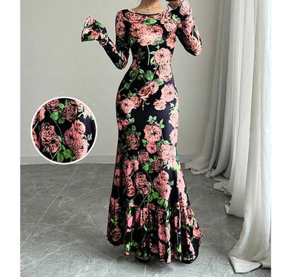 Women's Rose Print Bell Sleeve Bodycon Maxi Dress