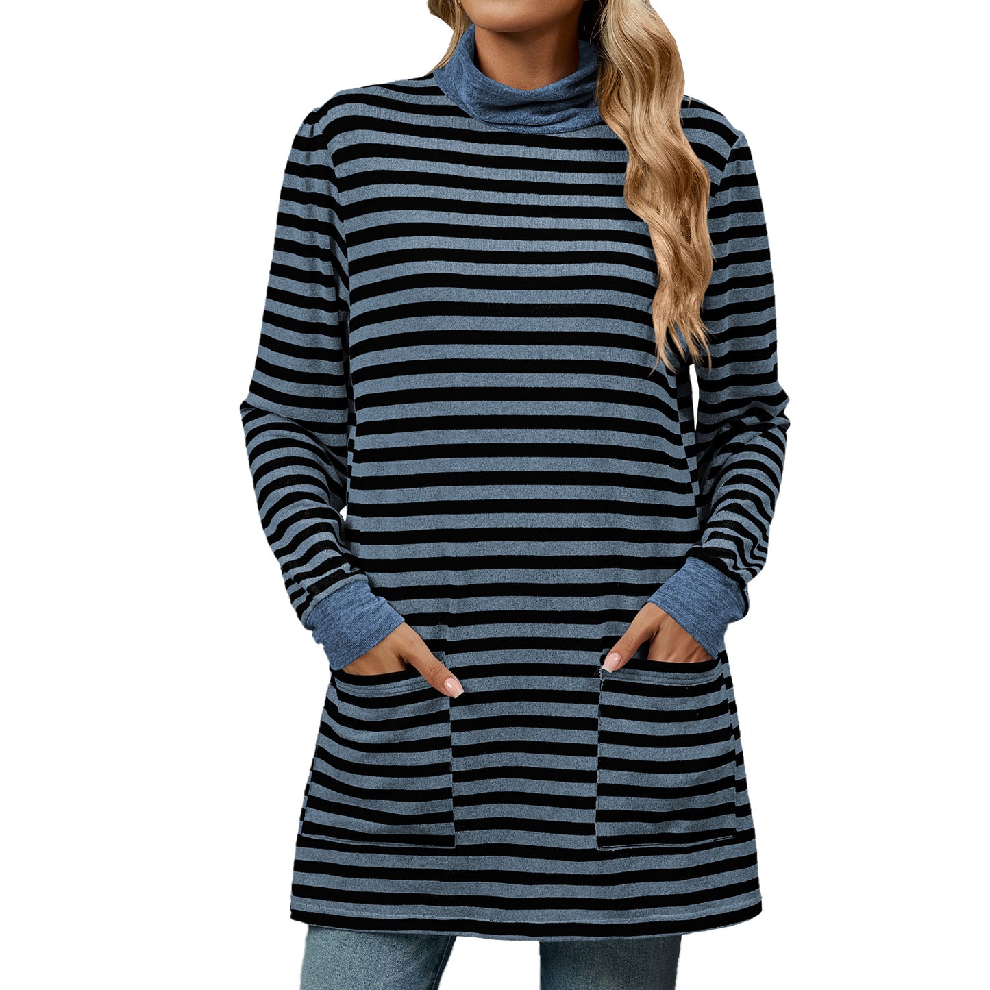 Oversized Striped Turtleneck Tunic Long Sleeve with Pockets